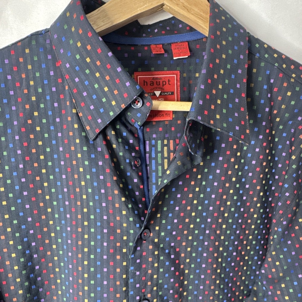 Haupt Germany Men's Long Sleeve Button-Up Dress Shirt. Square Dots. Rainbow. L